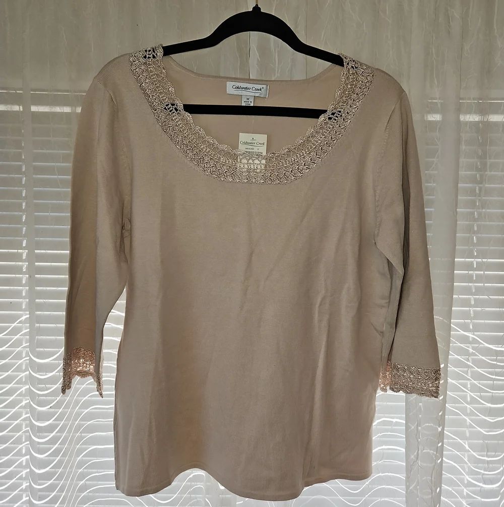 Coldwater Creek Beige Silk Crochet-Trim Scoop Neck Top